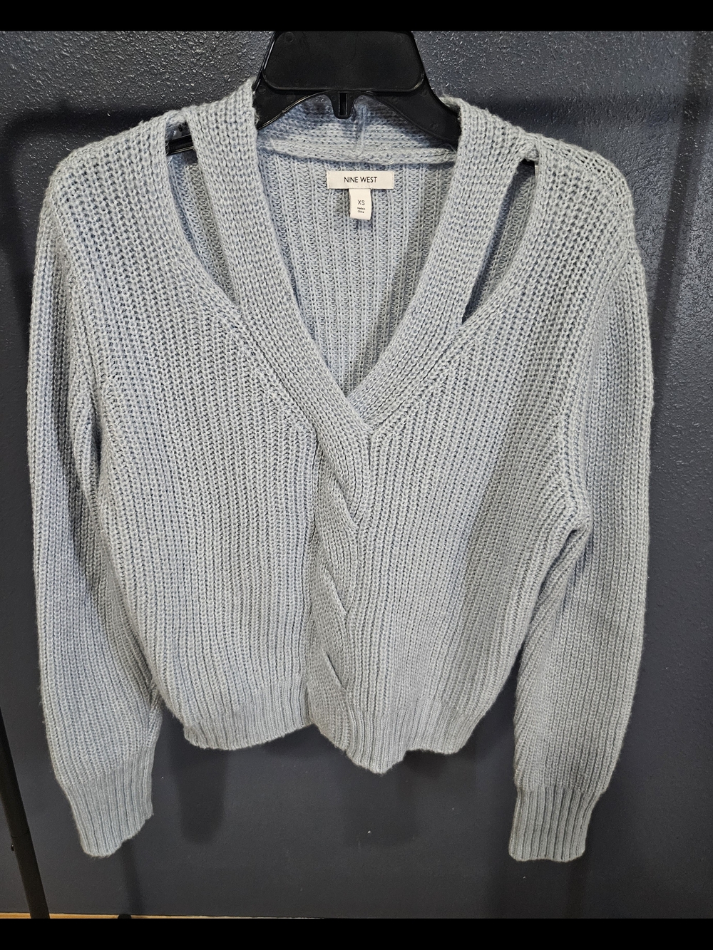 Nine West Pale Blue V-Neck Cable Knit Sweater